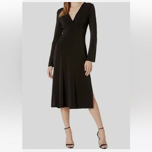 BCBGeneration Black V-Neck Midi Dress with Long Flared Sleeves and Side Slits